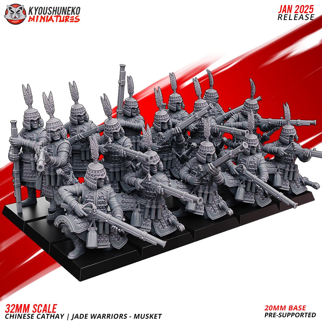 Cathay Jade Warrior Musketmen Miniatures (w/ bases) | Kyoushuneko Minis | Fantasy Wargaming | 32mm Scale