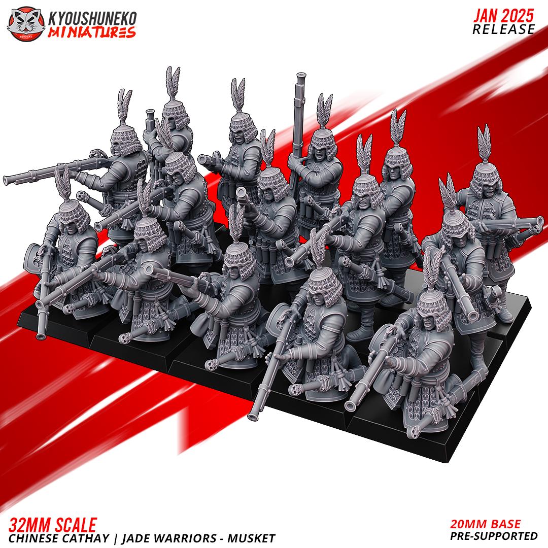 Cathay Jade Warrior Musketmen Miniatures (w/ bases) | Kyoushuneko Minis | Fantasy Wargaming | 32mm Scale