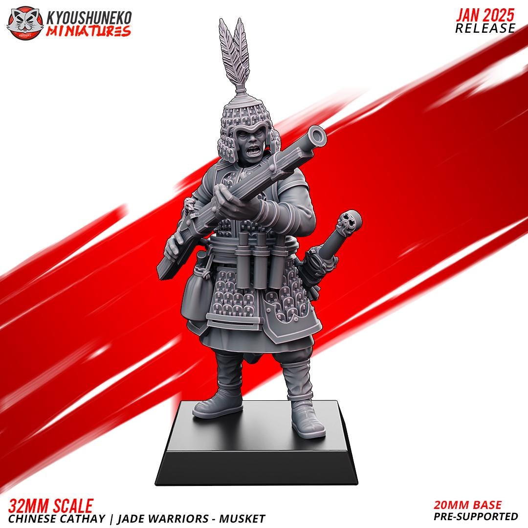Cathay Jade Warrior Musketmen Miniatures (w/ bases) | Kyoushuneko Minis | Fantasy Wargaming | 32mm Scale