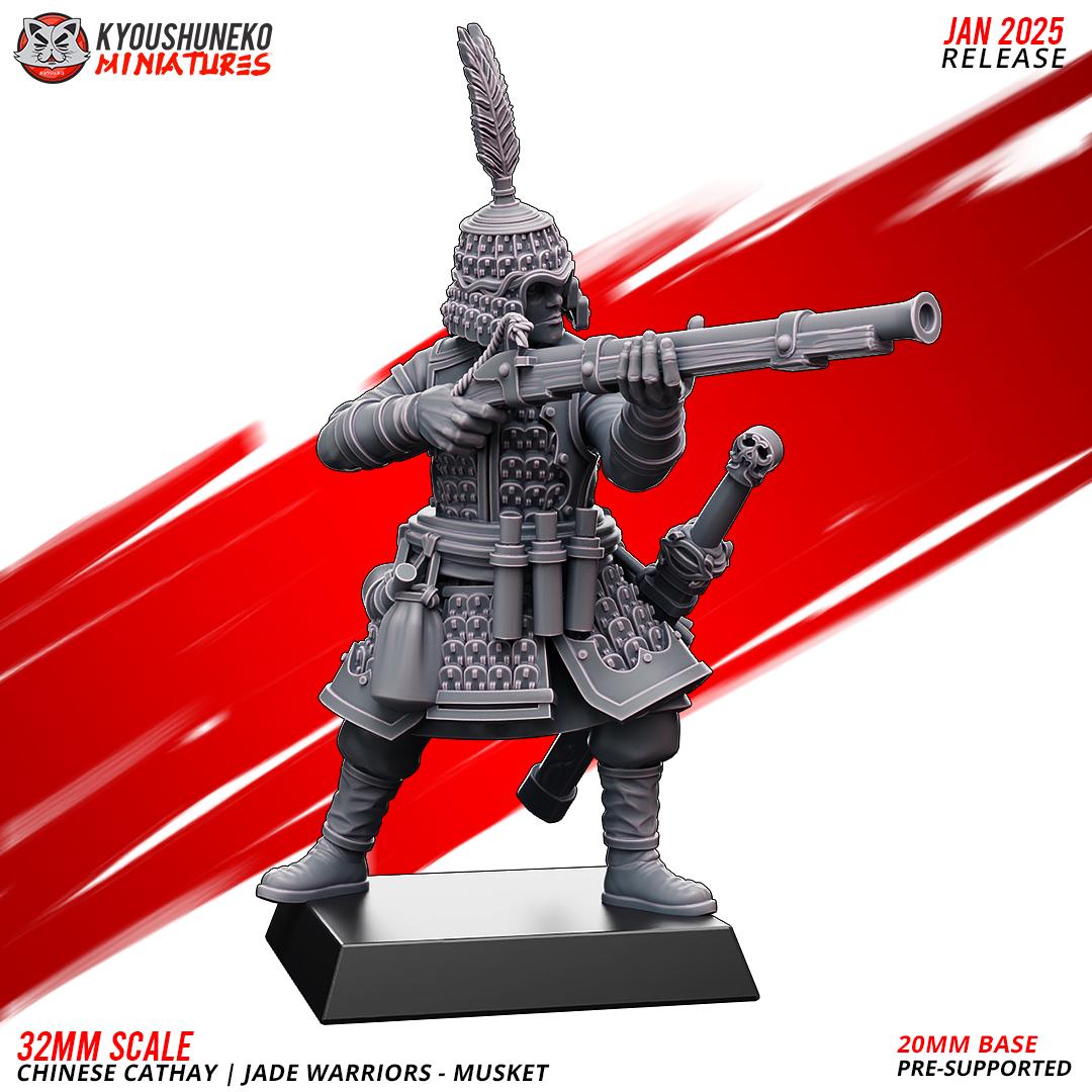 Cathay Jade Warrior Musketmen Miniatures (w/ bases) | Kyoushuneko Minis | Fantasy Wargaming | 32mm Scale
