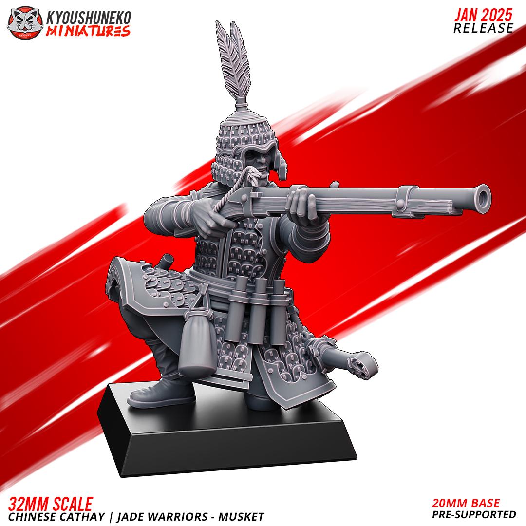 Cathay Jade Warrior Musketmen Miniatures (w/ bases) | Kyoushuneko Minis | Fantasy Wargaming | 32mm Scale