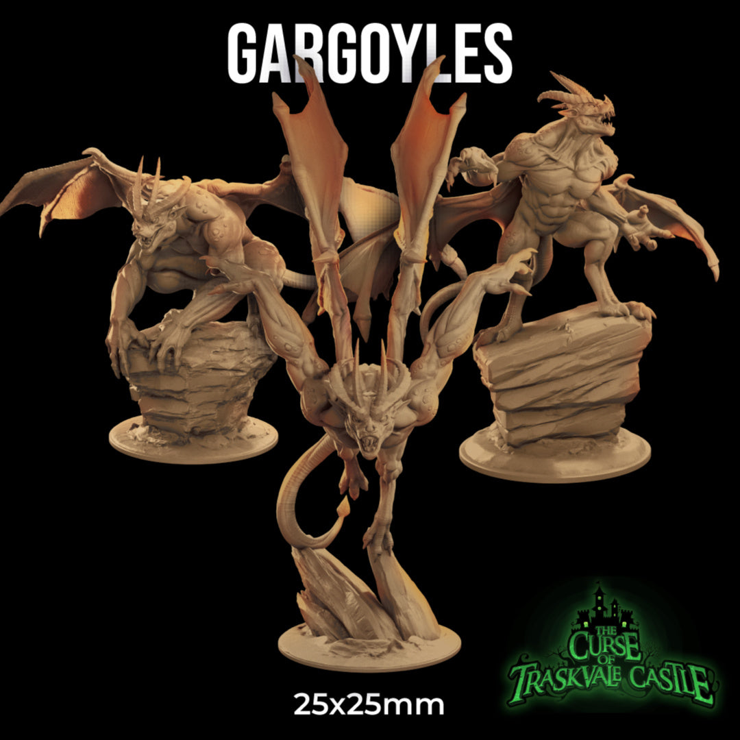 Dragon Trappers Lodge Gargoyles miniature renders, assorted draconic gargoyle miniatures. 3D renders in various poses atop of rocks.