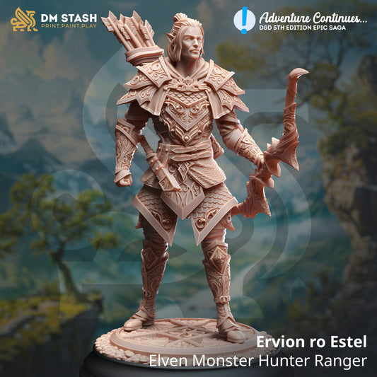 Ervion, Elven Monster Hunter Ranger Miniature | DM Stash | Character Miniature PC/NPC | 32mm Scale