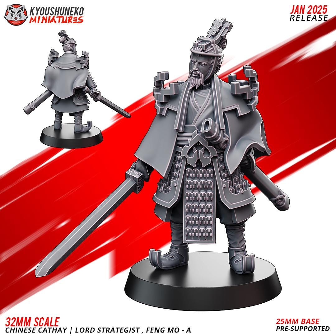 Chinese Cathay Lord Strategist Miniatures (w/ base) | Kyoushuneko Minis | Fantasy Wargaming | 32mm Scale