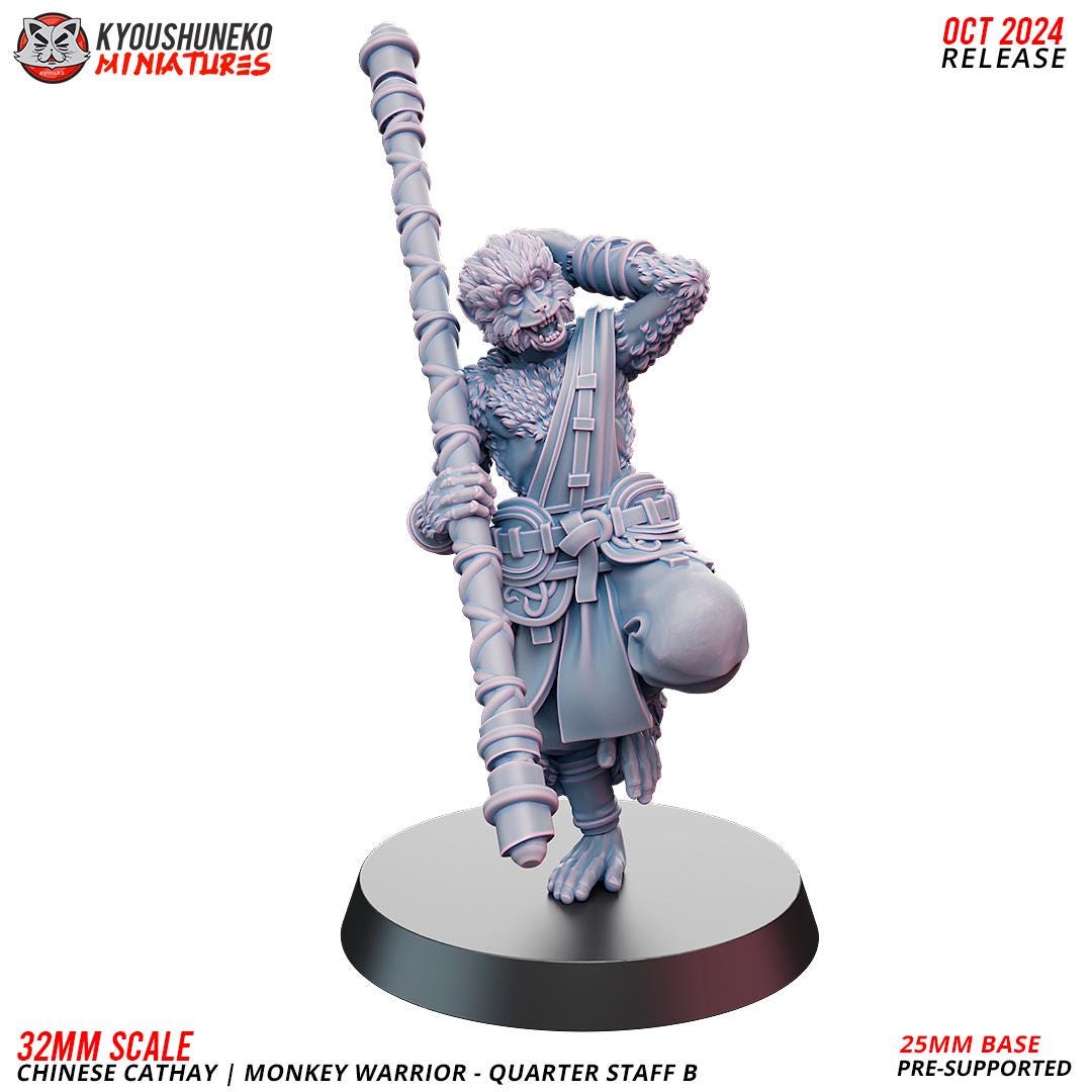 Cathay Monkey Warrior Miniatures (w/ bases) | Kyoushuneko Minis | Fantasy Wargaming | 32mm Scale