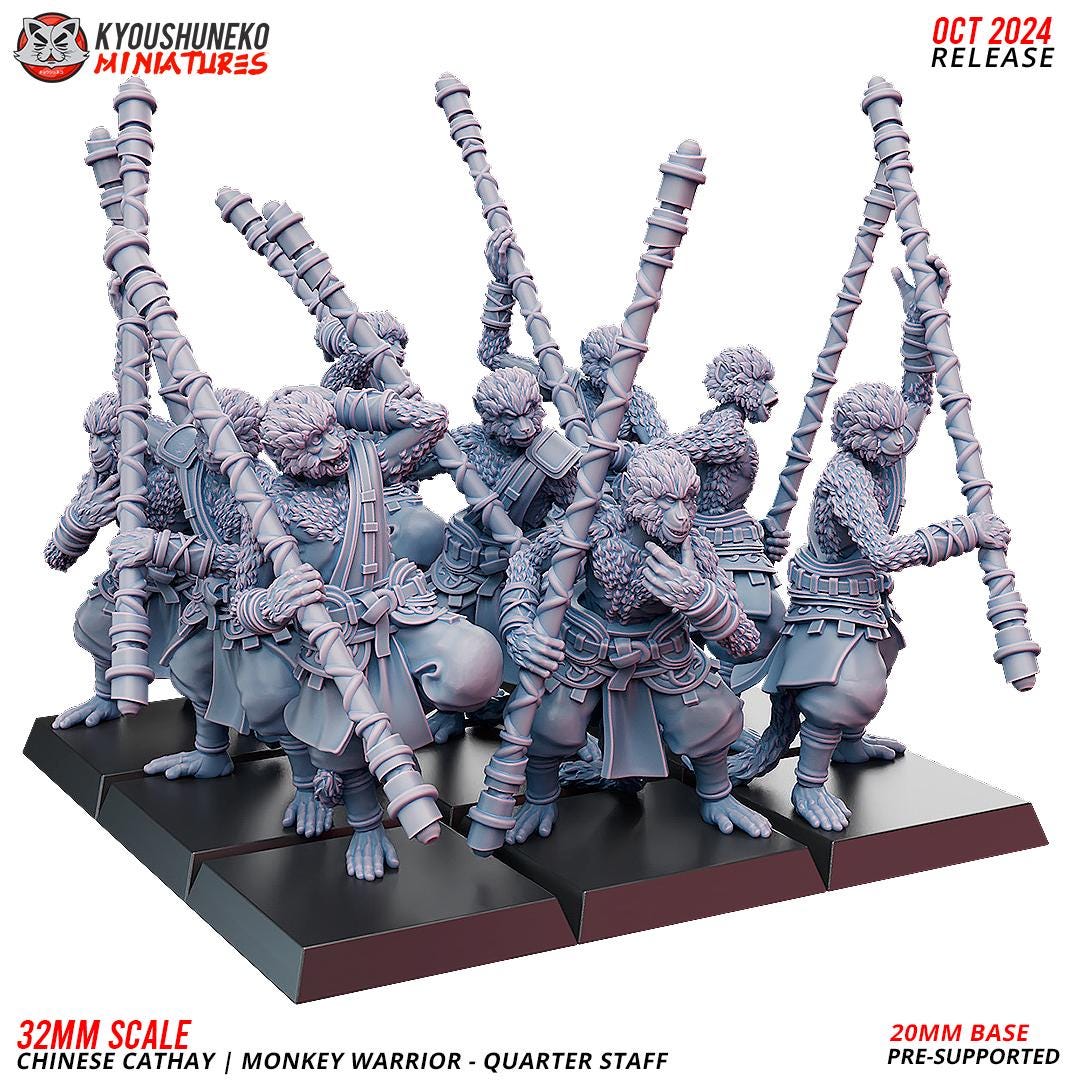 Cathay Monkey Warrior Miniatures (w/ bases) | Kyoushuneko Minis | Fantasy Wargaming | 32mm Scale