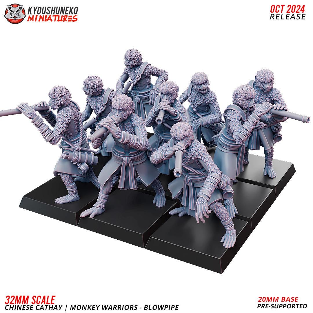 Cathay Monkey Blowdart Warrior Miniatures (w/ bases) | Kyoushuneko Minis | Fantasy Wargaming | 32mm Scale