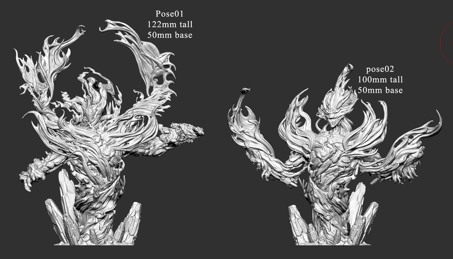 Grey render of MMM Primordial Fire Elemental with scaling info.