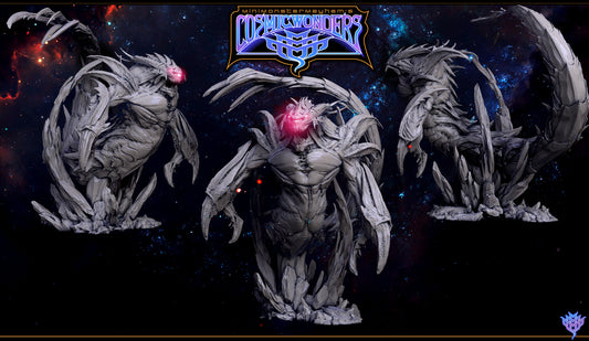 Colored render of MMM Astral Behemoth, giant alien creature floating over rocks.
